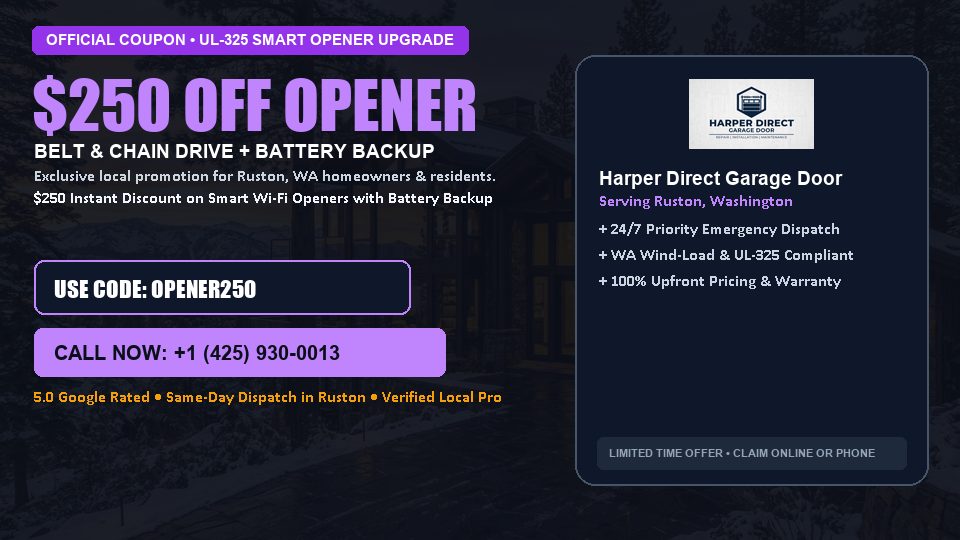 $250 OFF Smart Wi-Fi Garage Door Opener Installation in Ruston, WA - Harper Direct Garage Door